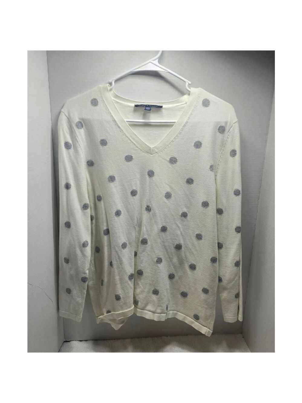 Women's Tommy Hilfiger White Gray Polka Dot V-Neck Sweater XL